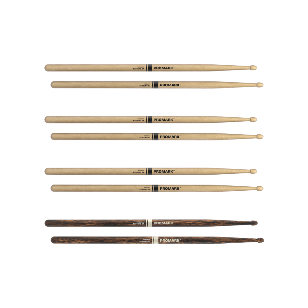 ProMark Rebound 5A Hickory Drumstick, Acorn Wood Tip, FireGrain Bonus 4-Pack