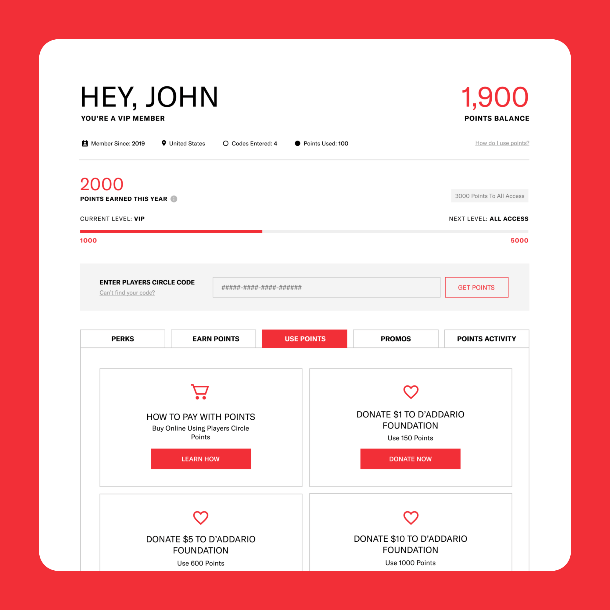 Players Circle member dashboard example